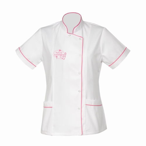 Żakiet kosmetyczny biały z logo amarantową lamówką