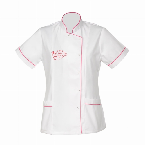 Żakiet kosmetyczny biały z amarantową lamówką