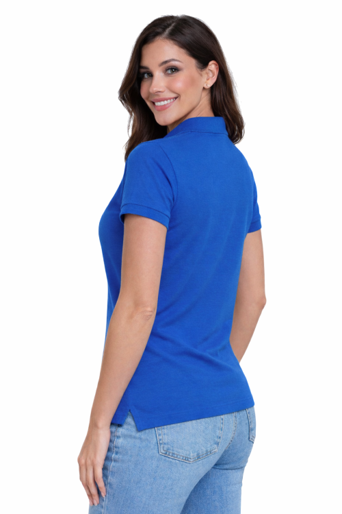 Koszulka polo damska chabrowa krótki rekaw lewy tył.png