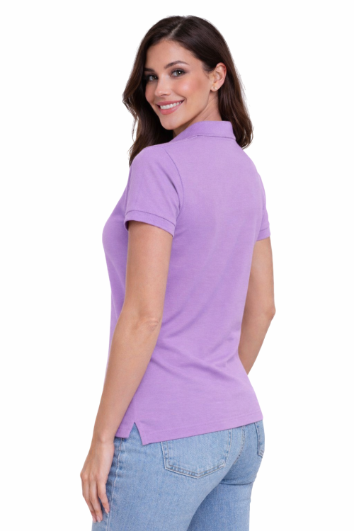 Koszulka polo damska lawendowa krótki rekaw lewy tył.png