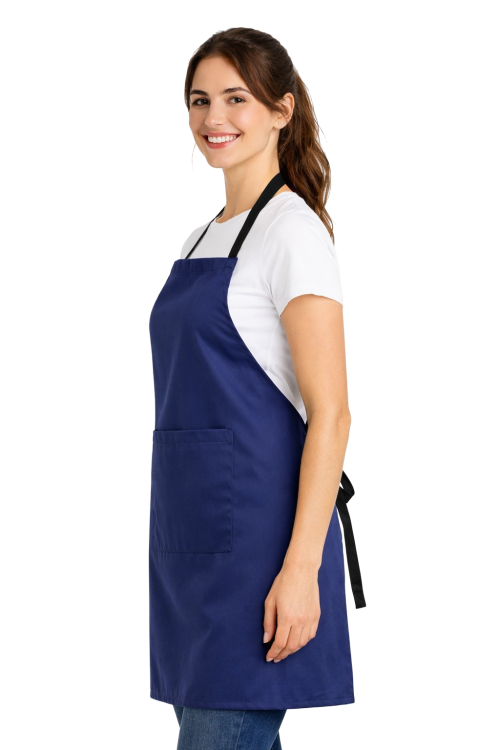 Fartuszek fryzjerski wiązany z tyłu granatowy widok z boku.png