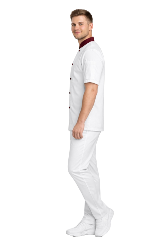 Zestaw szefa kuchni –biały wstawki bordowe,krótki rękaw