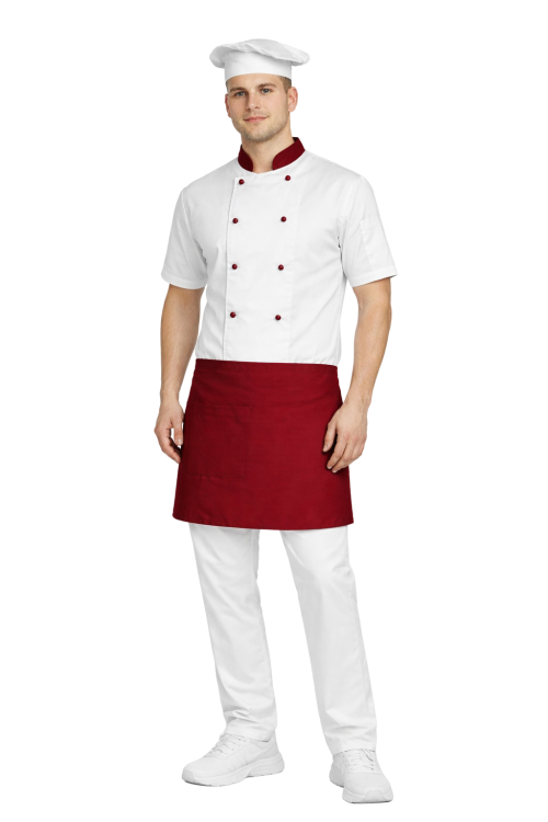 Zestaw kucharza z krótkim rękawem – uniform biały  z bordowymi wstawkami  i bordową zapaską
