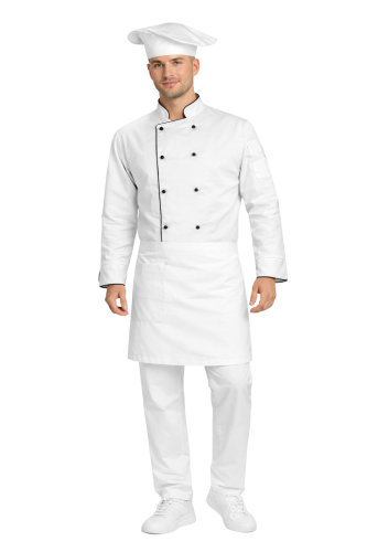 Gastronomiczny zestaw kucharza – uniform szkolny biały z czarną lamówką i białą  zapaską