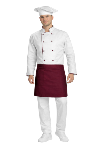 Gastronomiczny zestaw kucharza – uniform szkolny biały z bordową  lamówką i bordową   zapaską