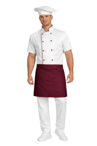 Gastronomiczny zestaw kucharza z krótkim rekawem  – uniform szkolny biały z bordową  lamówką i bordową   zapaską