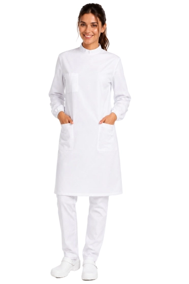 Anatomical / surgical / universal apron with pockets and stand-up collar, white unisex