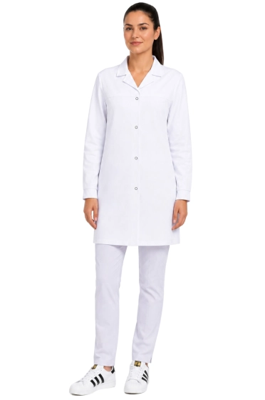 Women's snow-white laboratory apron with snaps