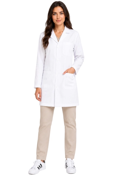 Women's snow-white laboratory apron with buttons