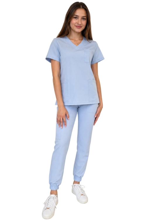 Komplet medyczny damski niebieski– scrubs CASUAL PREMIUM-przód.png