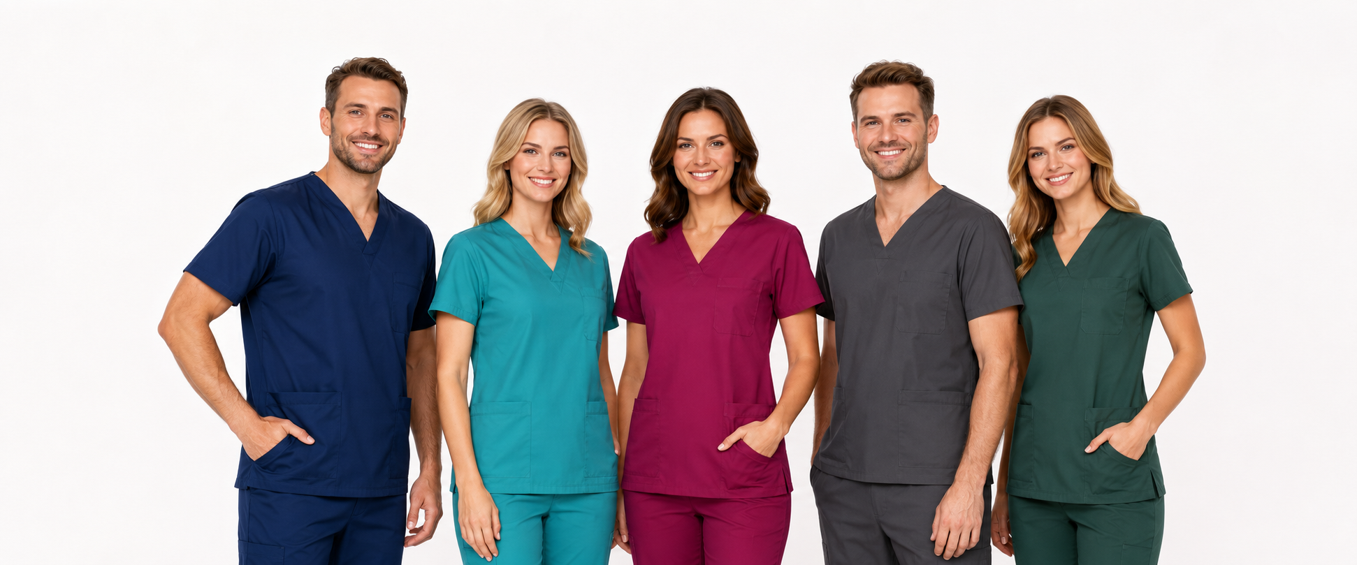 Healthcare team wearing medical uniforms in different colours