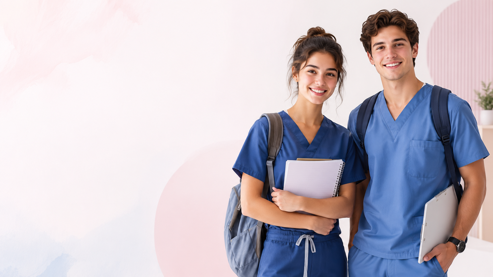 Female and male students wearing blue medical scrubs