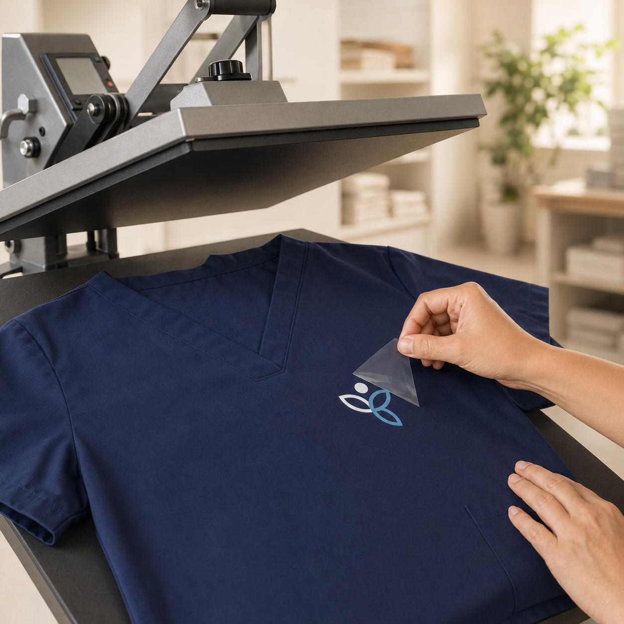 DTF printing customization on a navy medical top by ModernBHP