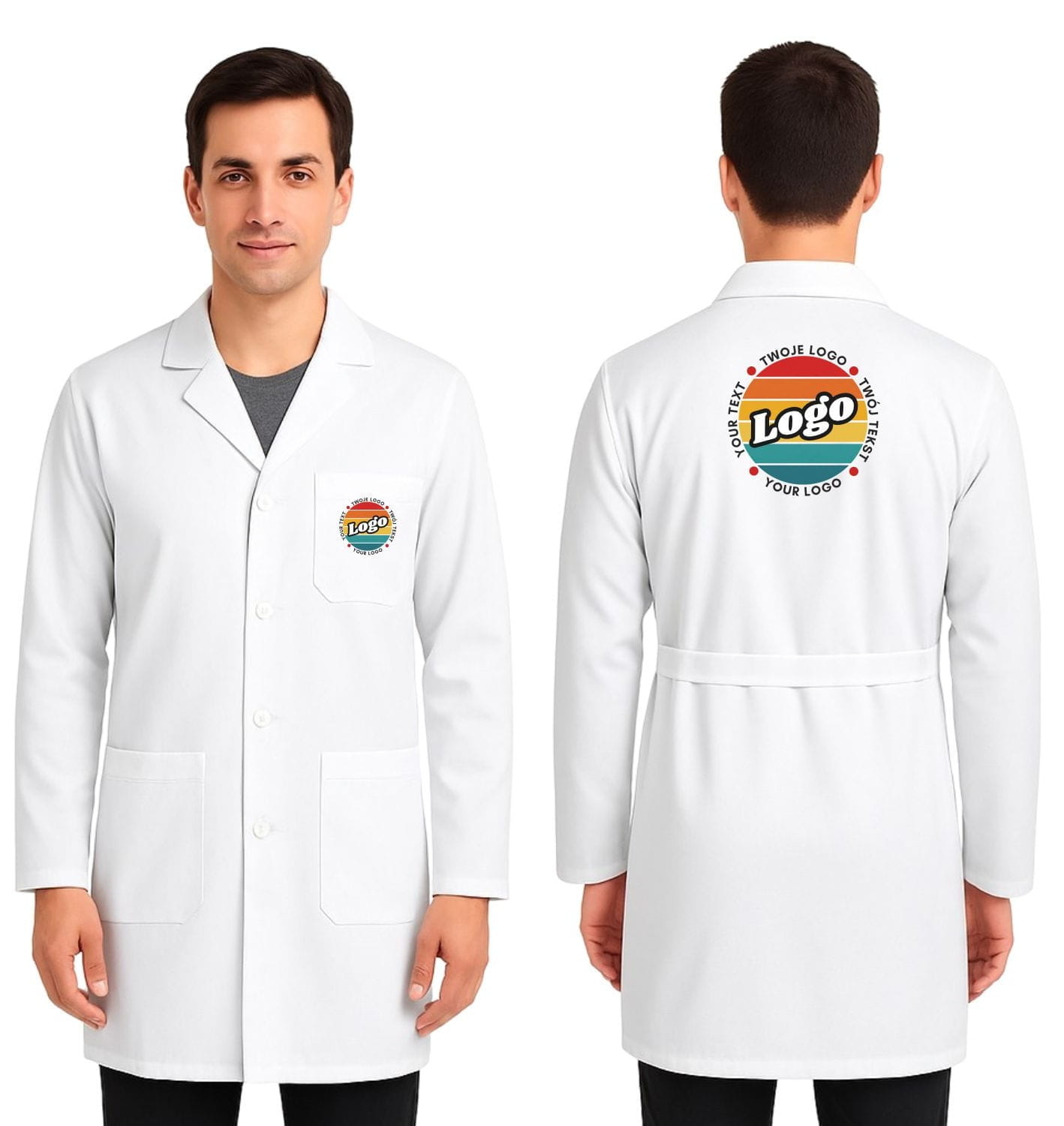 Men's snow-white laboratory apron with buttons and your own print ...